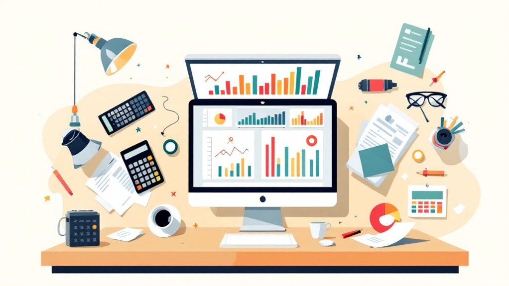 A cluttered desk with a computer displaying colorful charts, perfect for small business marketing planning. by SocialProofSuite