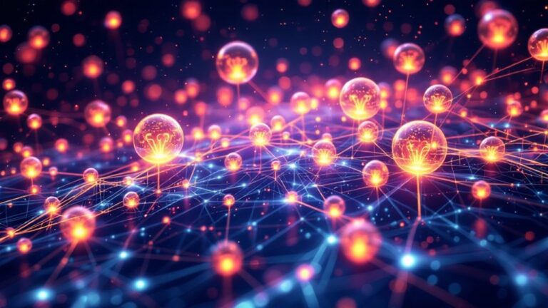 Glowing interconnected spheres and lines illustrate a digital, neural, or quantum network on a dark background. by SocialProofSuite