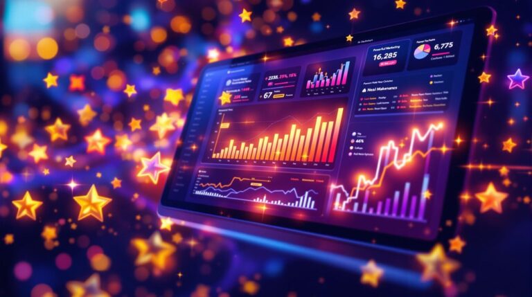 A digital tablet displays colorful financial charts with glowing star graphics, highlighting positive feedback. by SocialProofSuite