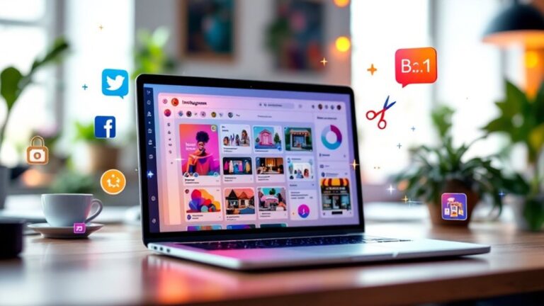 A laptop on a desk displays colorful social media apps and Instagram feeds, with a blurred cozy room in the background. by SocialProofSuite