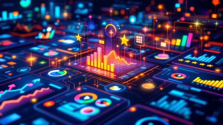 Colorful digital dashboard with charts and data visualizations for streamlined review management on a glowing, futuristic interface. by SocialProofSuite