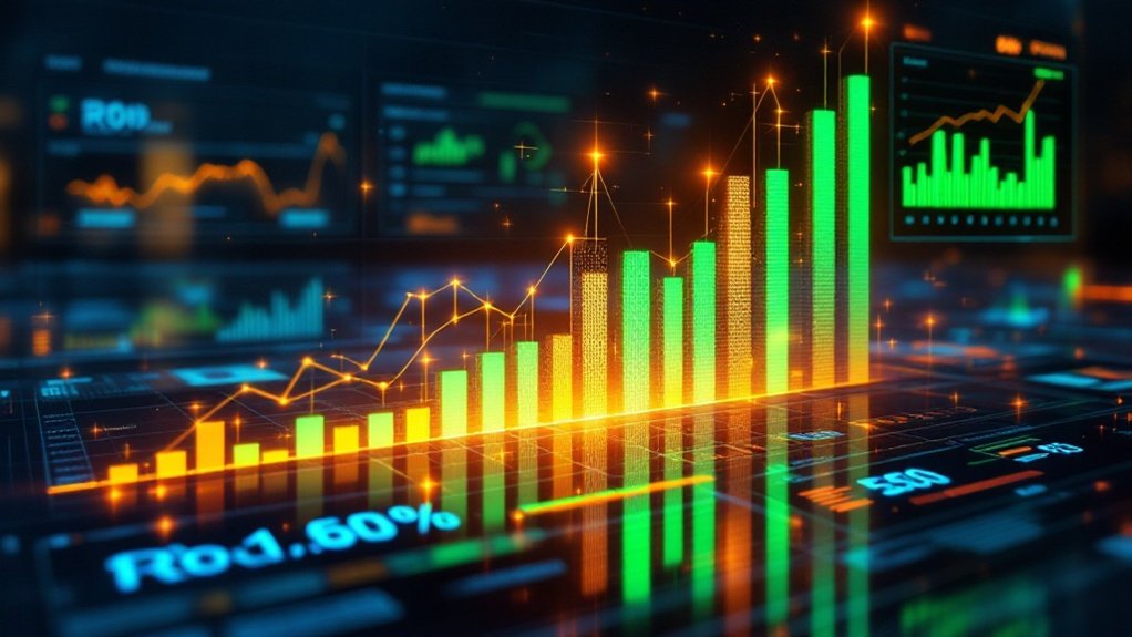 A glowing digital bar and line graph shows rising financial data with real-time review streaming on a futuristic interface. by SocialProofSuite