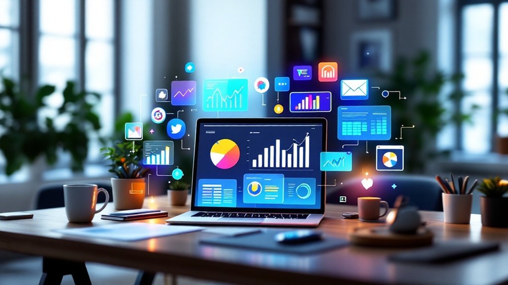 Laptop on a desk displays colorful charts, showing how to leverage data, surrounded by digital icons in a bright office. by SocialProofSuite